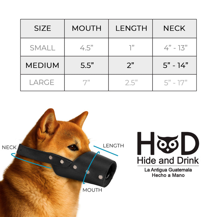 Riveted Dog Muzzle in black by Hide & Drink demonstrating its durability and secure construction for dog safety. Perfect for preventing biting and chewing, this full grain leather muzzle guard accommodates all dog breeds including Pitbulls and German Shepherds, handmade in La Antigua Guatemala & Oaxaca Mexico.