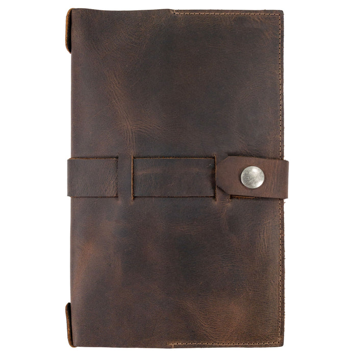 Hide & Drink's Riveted Field Note Cover for Moleskine (5 x 8.25 in.) Notebook NOT Included in rustic brown full grain leather, featuring artisan craftsmanship with a hand cut and hand sewn design. This stylish cover is perfect for protecting your notes and showcases small batch production quality from La Antigua Guatemala & Oaxaca, Mexico.