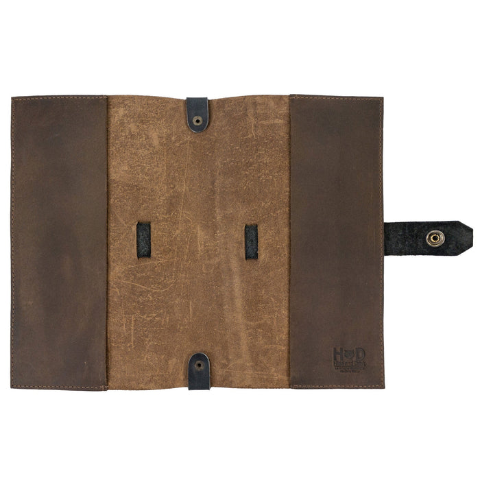Open interior of Hide & Drink's Riveted Field Note Cover for Moleskine (5 x 8.25 in.) Notebook NOT Included, featuring plush leather and functional design for easy access to notes. A proud representation of artisan craftsmanship, handmade in La Antigua Guatemala & Oaxaca, Mexico.