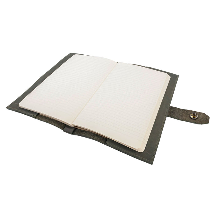 Dimensions of Hide & Drink's Riveted Field Note Cover for Moleskine (5 x 8.25 in.) Notebook NOT Included, printed to emphasize its compactness. This exquisite full grain leather item represents small batch craftsmanship from La Antigua Guatemala & Oaxaca, Mexico.