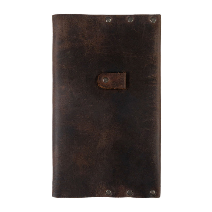 Hide & Drink's Riveted Journal Cover (5 x 8.50 in.) (Notebook Not Included) features a classic sleeve design made from vintage style full grain leather. This handmade artisan product showcases small batch production techniques with hand cut and hand sewn details, fire branded for authenticity, all crafted by skilled artisans in La Antigua Guatemala & Oaxaca Mexico.