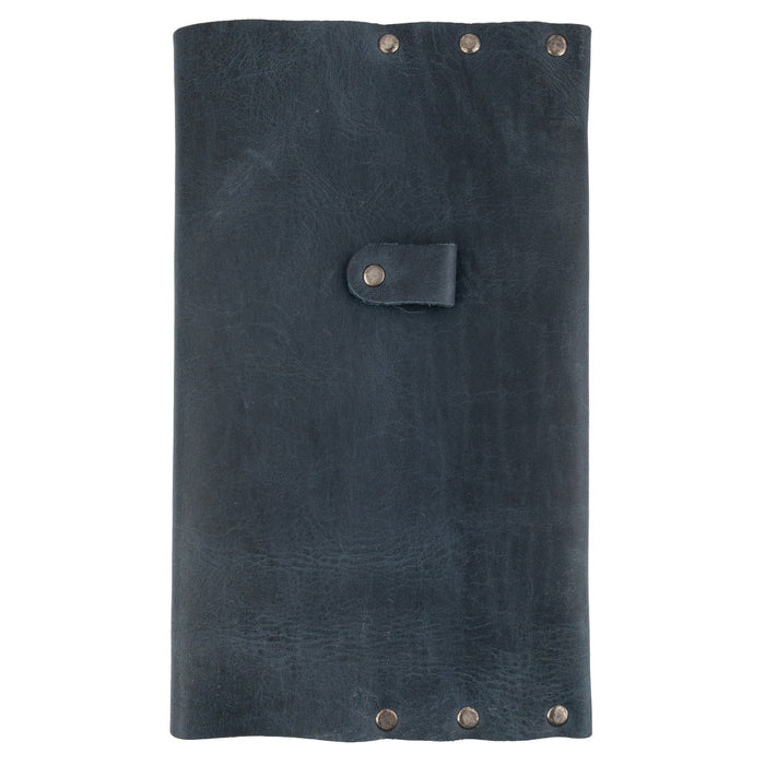 Front view of the closed Riveted Journal Cover (5 x 8.50 in.) from Hide & Drink, featuring rivets and a soft full grain leather finish. This classic sleeve is perfect for notebooks not included and showcases artisan craftsmanship from La Antigua Guatemala & Oaxaca Mexico.