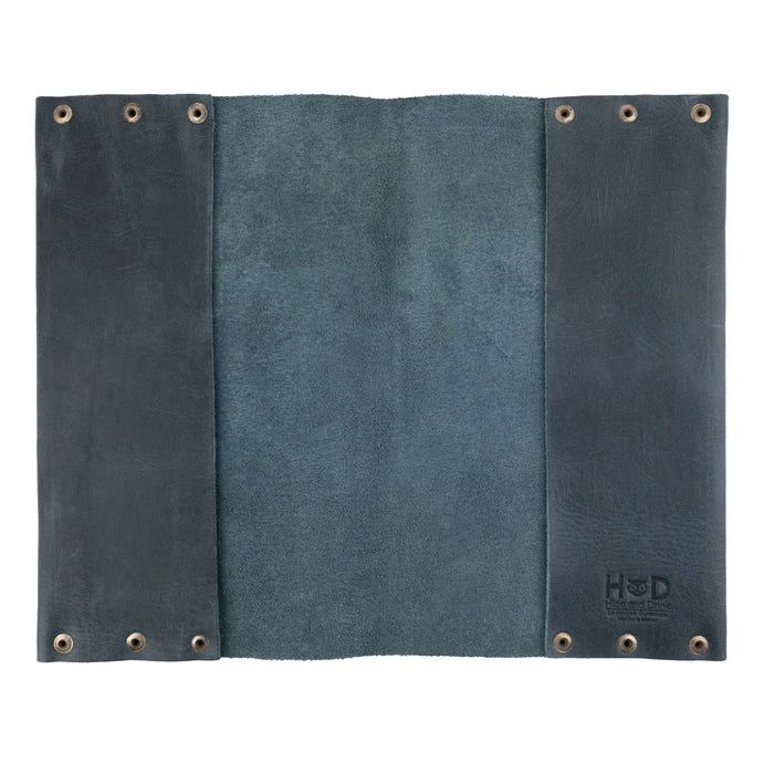 Interior side of the Riveted Journal Cover (5 x 8.50 in.) by Hide & Drink, revealing the fine hand cut leather finish and the unique artisan details. The vintage style of this full grain leather journal cover complements notebooks not included and is handcrafted in La Antigua Guatemala & Oaxaca Mexico.