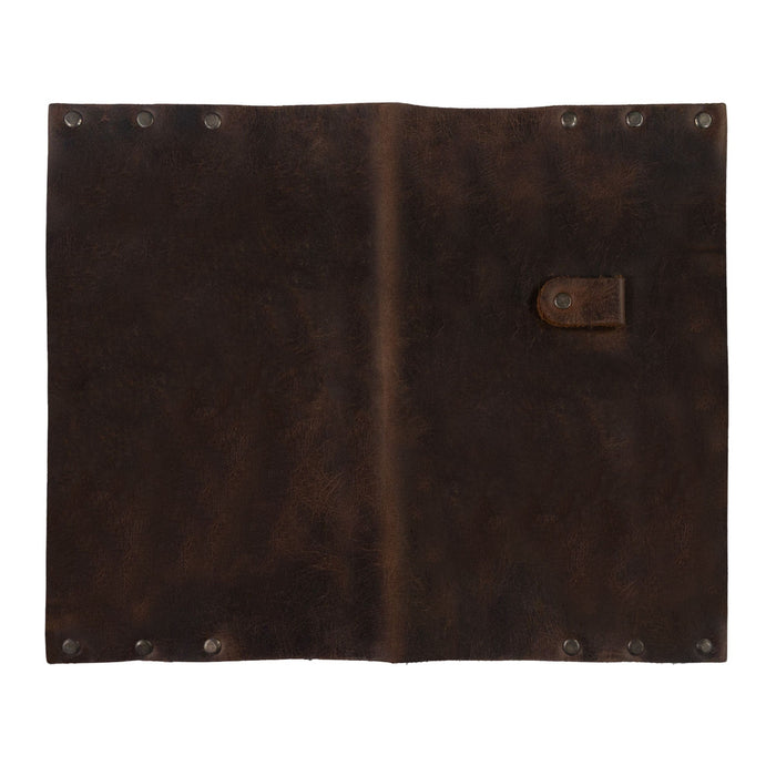 Hide & Drink's Riveted Journal Cover (5 x 8.50 in.) (Notebook Not Included) displayed open, showcasing a classic sleeve design in vintage style full grain leather. This handmade product reflects artisan skill with its hand cut and hand sewn features, marketed through small batch production and fire branding by artisans in La Antigua Guatemala & Oaxaca Mexico.