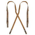 Riveted X Back Suspenders with Belt Loops by Hide & Groom showcase a durable heavy-duty leather design, perfect for weddings and steampunk events. This artisan-crafted piece is handmade in La Antigua Guatemala using full grain leather, featuring small batch production and fire branded details.