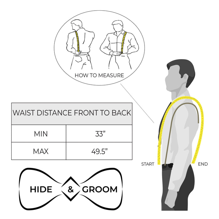 How to measure for Riveted X Back Suspenders with Belt Loops by Hide & Groom, providing guidance on fit and adjustment. These heavy duty leather suspenders, made with care in La Antigua Guatemala, are the perfect blend of style, functionality, and artisan craftsmanship.