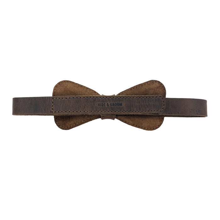 Back view of the Rounded Bow Tie for Groomsmen by Hide & Groom, featuring a sleek design made from high-quality full grain leather. This artisan bow tie is perfect for groomsmen looking to elevate their formal wear with handcrafted elegance.
