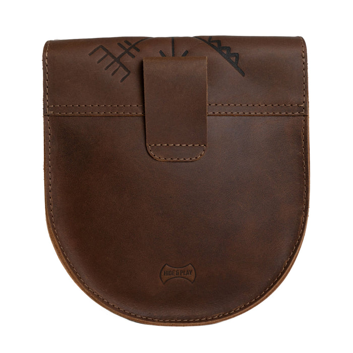 Back view of the Rune Belt Pouch from Hide & Play, featuring a sleek leather design. This handmade medieval waist bag is a versatile Viking accessory, crafted with attention to detail from full grain leather in La Antigua Guatemala, ensuring a unique touch for any costume.