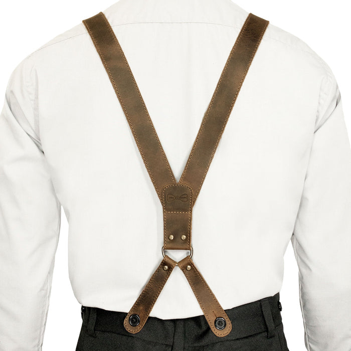 Back view of Rustic Button End Suspenders by Hide & Groom, designed with full grain leather for durability and style. Perfect for groomsmen, best men, and bachelors at wedding ceremonies and dinner parties, these handmade suspenders feature small batch production and artisan techniques in La Antigua Guatemala & Oaxaca Mexico.