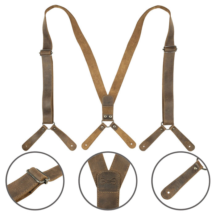 Rustic Button End Suspenders by Hide & Groom, highlighting the craftsmanship with adjustable features. Ideal for groomsmen, best men, and bachelors seeking a stylish touch for weddings and dinner parties. Made from full grain leather through artisan small batch production in La Antigua Guatemala & Oaxaca Mexico.