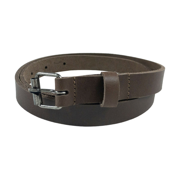 Close-up view of Heather's Rustic Narrow Belt for Women, emphasizing the craftsmanship and rich texture of the Full Grain Leather material. This handmade belt is perfect for showcasing your unique style with its rustic charm. Rustic Belt for Women, Narrow Buckle Belt, Stylish Belly Accessory, Small Batch Production, Hand Cut, Hand Sewn, Fire Branded, Artisan, Handmade in La Antigua Guatemala & Oaxaca Mexico.