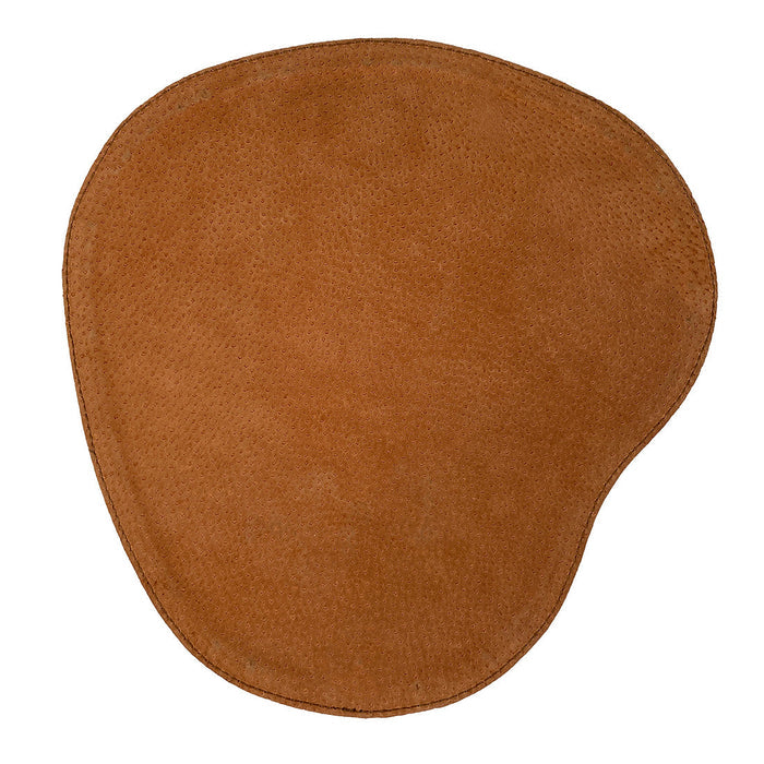 The underside view of the LeatherTex Rustic Oval Shape Mousepad, featuring a soft suede backing for enhanced grip. This artisan accessory is ideal for computers, laptops, and Macs, showcasing durable craftsmanship with anti-slip stitching. Handmade in La Antigua Guatemala & Oaxaca Mexico.