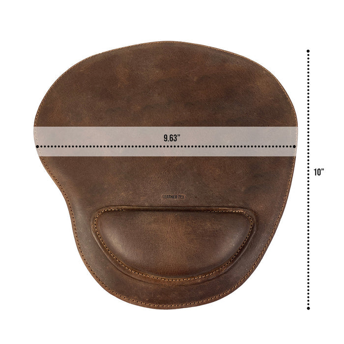 Dimensions of the Rustic Oval Shape Mousepad by LeatherTex, clearly showing its size at 9.63 inches by 10 inches. This stylish full grain leather mousepad is great for computers, laptops, and Macs, featuring an anti-slip design. Handcrafted with dedication in La Antigua Guatemala & Oaxaca Mexico.