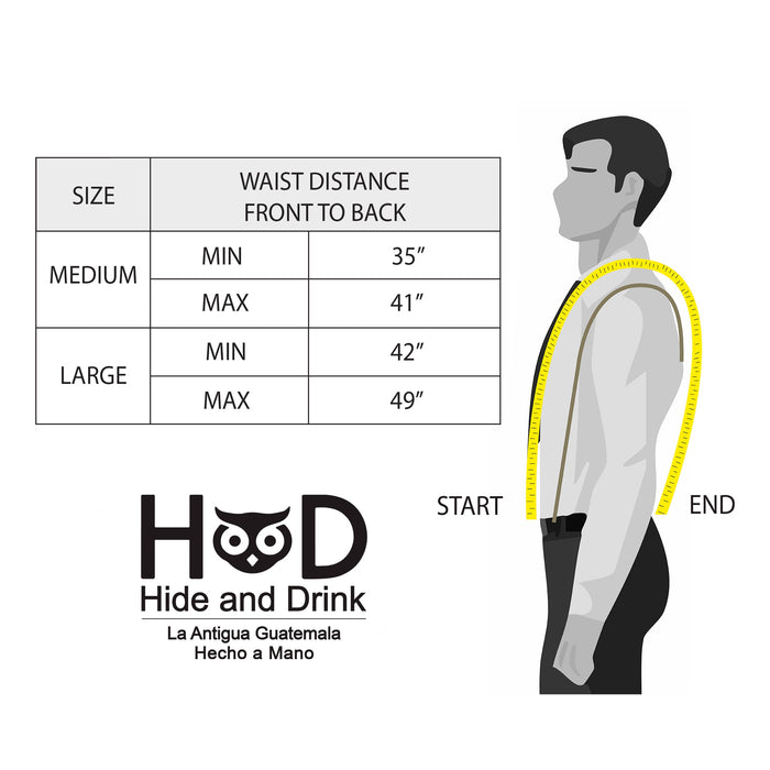 Size guide for Hide & Drink Rustic Slim Suspenders, measuring waist distance front to back. Ideal for those needing support and style for formal occasions like weddings, featuring handmade craftsmanship from La Antigua Guatemala.