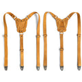 Pair of Rustic Suspenders with Adjustable Size Straps for Men in yellow from Hide & Groom, highlighting Full Grain Leather craftsmanship. Ideal for weddings and Steampunk fans, these handmade suspenders feature high-quality artisan production.