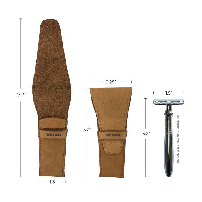 An image showing the dimensions of the Safety Razor Case by Hide & Drink, crafted from high-quality full grain leather. This handmade case is perfect for shaving accessories and personal care, showcasing artisan work from La Antigua Guatemala and Oaxaca Mexico.
