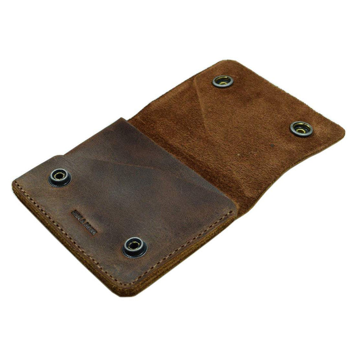 The open view of the Hide & Drink Sandwich Card Holder showcasing its spacious interior. This Double Snap Card Holder is perfect for holding up to 4 cards along with folded bills. Crafted from premium Full Grain Leather, it serves as a stylish cash organizer and coin case, expertly handmade by artisans.