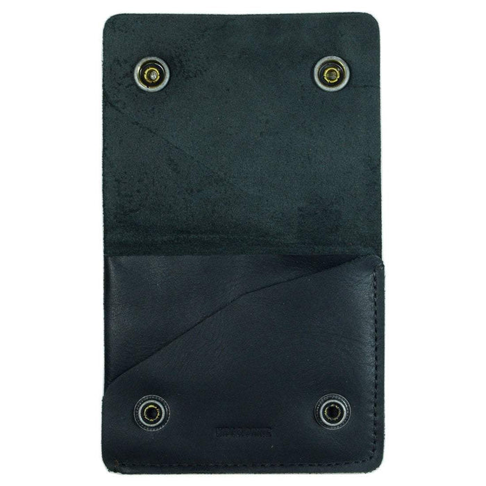 The open Hide & Drink Sandwich Card Holder showing its elegant craftsmanship. This Double Snap Card Holder holds up to 4 cards, making it a practical cash organizer and coin case. Handmade from Full Grain Leather, it showcases the artistry of small batch production in La Antigua Guatemala & Oaxaca Mexico.