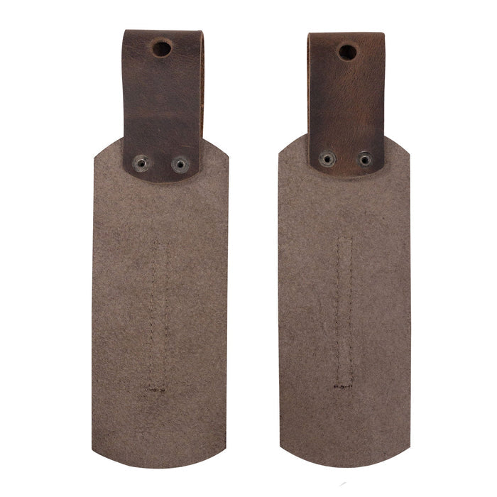 A backside view of the Set of 2 Drum Stick Sleeves by tocame, revealing the sturdy construction and quality materials. These hanging sleeves are made from soft full grain leather, representing small batch production and artisan craftsmanship, perfect for musicians seeking reliable drum stick holders.