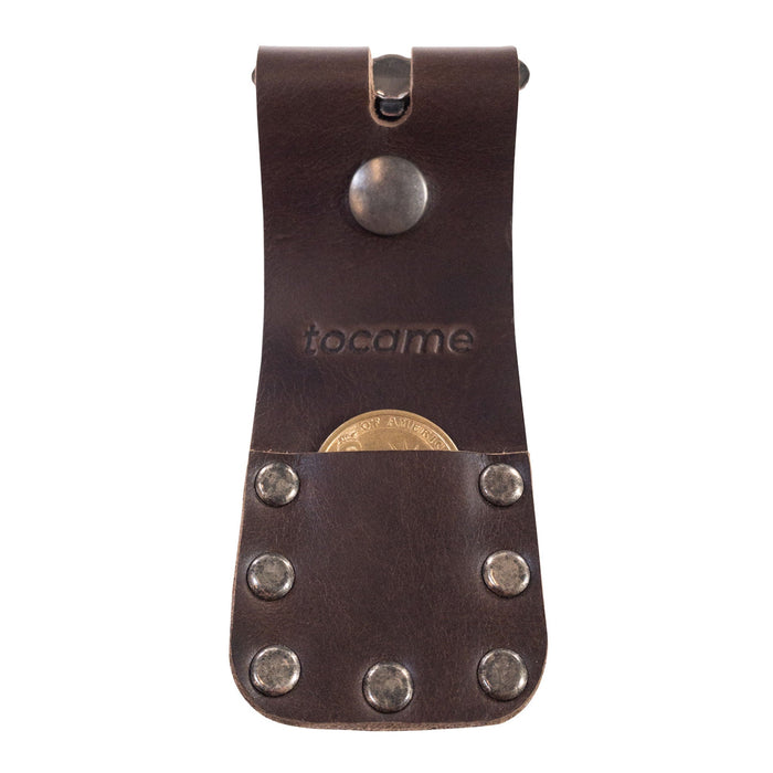 Set of 2 Flip Sleeves for Mute Drum Key Tool, Tuner & Dampener (Drum Key and Coin Not Included) by tocame, featuring a practical coin pocket and decorative metal rivets. This functional leather accessory is handcrafted, showcasing artisan skills honed in La Antigua Guatemala.