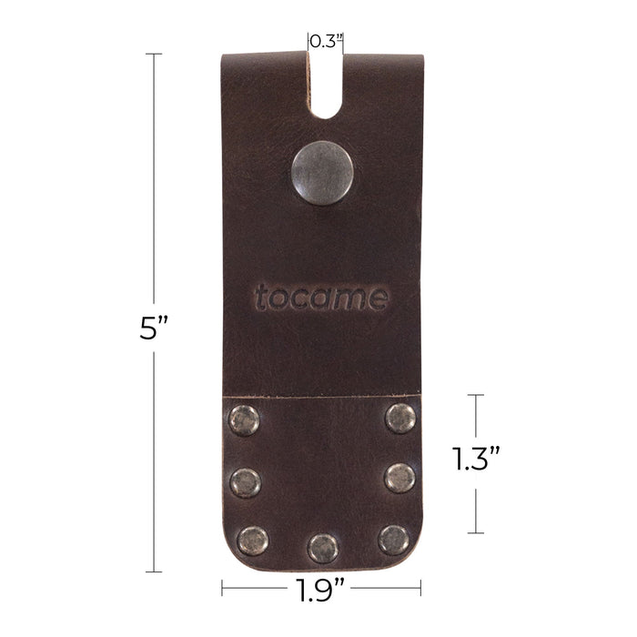 Set of 2 Flip Sleeves for Mute Drum Key Tool, Tuner & Dampener (Drum Key and Coin Not Included) by tocame, with measurement details showcasing its compact size. This handmade leather piece emphasizes artisan craftsmanship, making it a must-have for drummers looking for quality accessories.