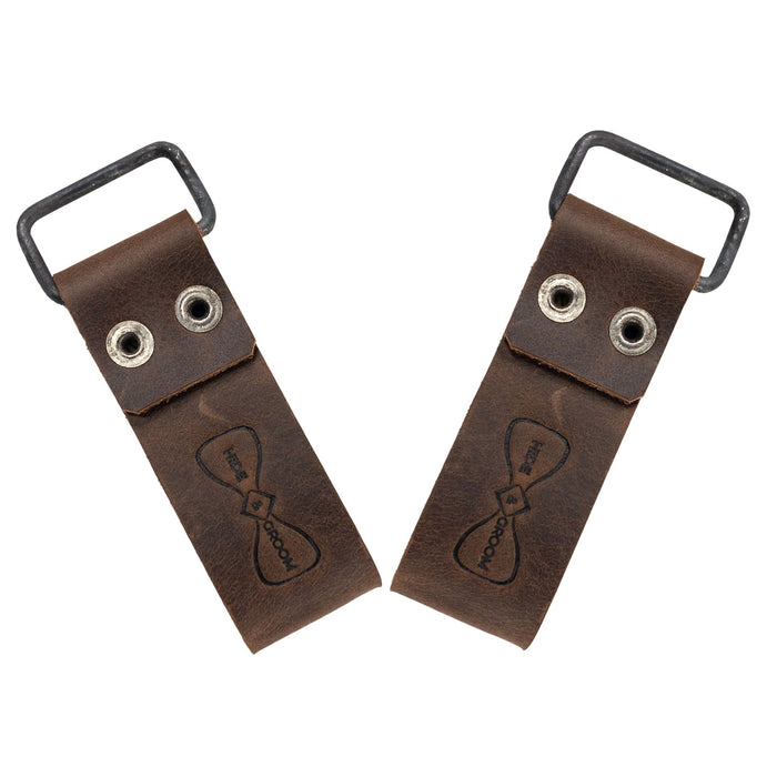 Detailed view of the Set of 2 Riveted Suspender Loop Attachments by Hide & Groom, featuring the brand's signature on the sturdy leather. These artisan, heavy-duty suspender loops are perfect as wedding accessories, handmade in La Antigua Guatemala & Oaxaca Mexico.