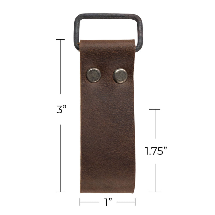 The dimensions of the Set of 2 Riveted Suspender Loop Attachments by Hide & Groom displayed next to the leather loops, emphasizing their quality and fit. A perfect addition as heavy-duty wedding accessories, these artisan-crafted loops are handmade in La Antigua Guatemala & Oaxaca Mexico.
