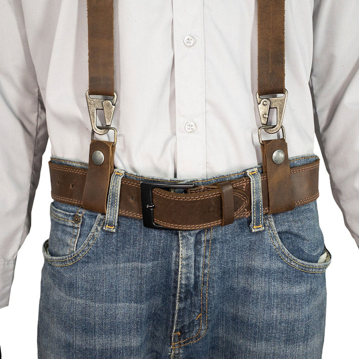A person wearing the Set of 2 Suspender Loop Attachments with Snap Closure by Hide & Groom, demonstrating their practical use and stylish design with heavy-duty leather. Set of 2 Suspender Loops Attachment for Men with Snap Closure, Heavy Duty, Wedding Accessories, Full Grain Leather, StockyardX, Small Batch Production, Hand Cut, Hand Sewn, Fire Branded, Artisan, Handmade in La Antigua Guatemala & Oaxaca Mexico.