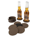 The Set of 8 Circular Coasters for Drinks by Hide & Drink presented with two bottles, made from Waxed Canvas and Full Grain Leather. This set features Glass & Cups Stain Protection and represents StockyardX’s commitment to Small Batch Production with each Handmade piece being Hand Cut, Hand Sewn, Fire Branded, and crafted in Artisan style, Handmade in La Antigua Guatemala & Oaxaca Mexico.