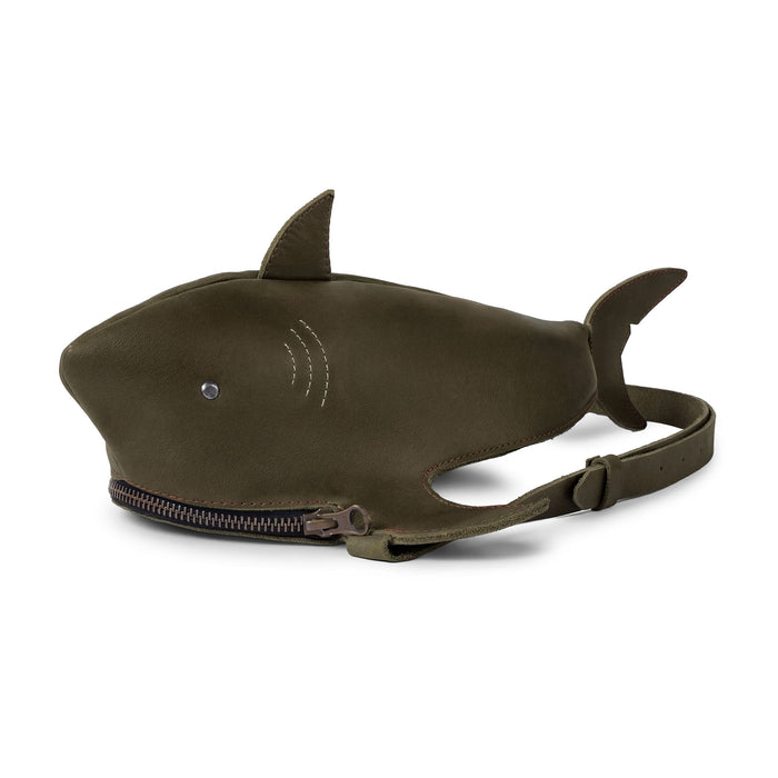 Stylish Shark-Shaped Shoulder Bag by Tudi Frudi made from Full Grain Leather, featuring an adjustable strap for versatile wear as a Crossbody Bag or Messenger Bag. This unique artisan piece showcases small batch production, handcrafted and hand sewn in La Antigua Guatemala.