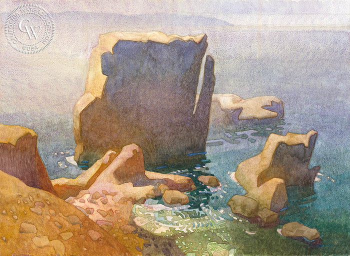 Shell Beach Opalescence, watercolor painting by Carolyn Lord (American art). Fine art giclée print reproduction by California Watercolor for wall decor.