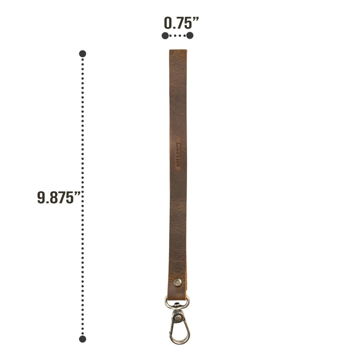 A close-up of the Simple Thin Lanyard, illustrating its dimensions and design details in Full Grain Leather from Hide & Drink. This Simple Thin Lanyard exemplifies Small Batch Production, Hand Cut, Hand Sewn, Fire Branded, Artisan, Handmade in La Antigua Guatemala & Oaxaca Mexico.