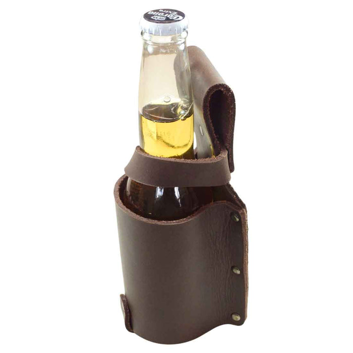 The Single Beer Holster from Hide & Drink is a thick full grain leather beer bottle holster that exemplifies beer lover essentials. This unique piece is a must-have party accessory, showcasing artisan craftsmanship with small batch production, hand cut, hand sewn, and fire branded, made in La Antigua Guatemala & Oaxaca Mexico.