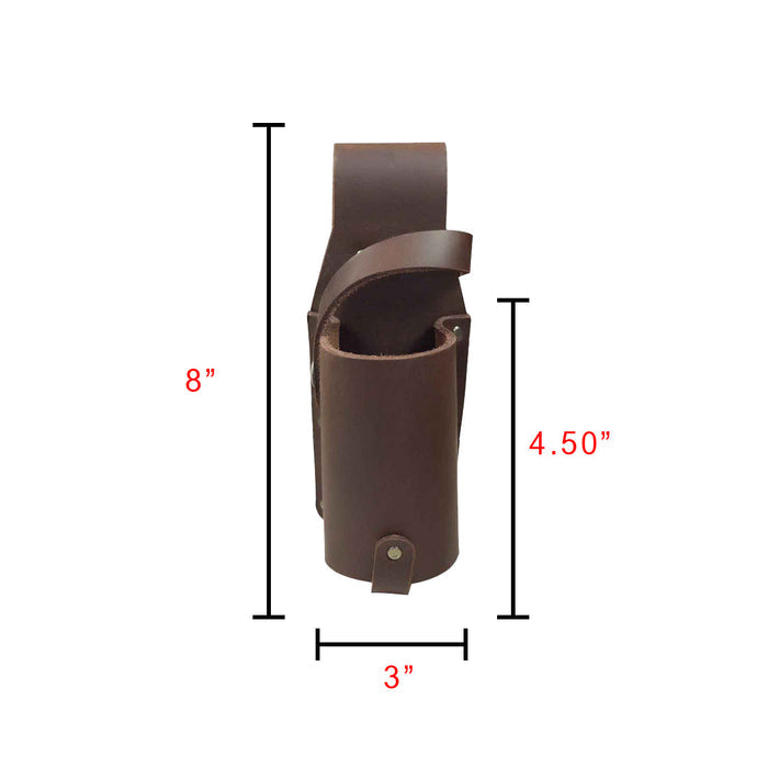 Dimensions of the Single Beer Holster by Hide & Drink, showcasing its Thick Full Grain Leather Beer Bottle Holster design, perfect for beer lovers and essential party accessories. A representation of artisan craftsmanship with small batch production, it includes hand cut, hand sewn features and is fire branded, made in La Antigua Guatemala & Oaxaca Mexico.