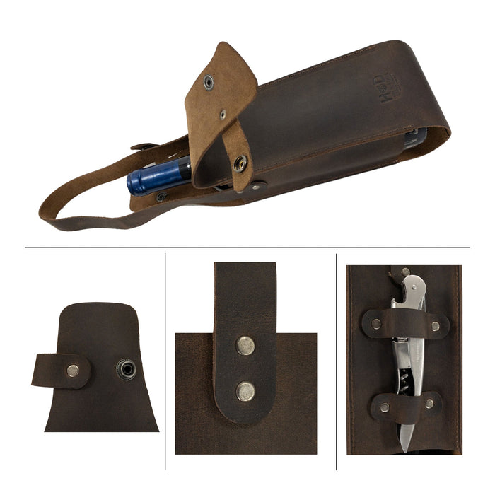 Detailed layout of Hide & Drink's Single Bottle Wine Carrier, featuring its unique riveted design and included knife. This Full Grain Leather Single Bottle Wine Carrier showcases small batch artisan craftsmanship, highlighting the hand cut and hand sewn attributes from La Antigua Guatemala & Oaxaca Mexico.