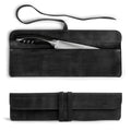 Cast Leather Co. Single Leather Knife Case in black, presenting an organized compartment for chef's knives. This leather chef knife sheath offers professional chefs a sleek solution for knife storage. Made from durable full grain leather in La Antigua Guatemala and designed for travel, it's a perfect gift for culinary enthusiasts.
