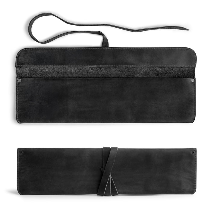 Back view of the Cast Leather Co. Single Leather Knife Case in black, emphasizing its minimalist design and quality craftsmanship. This single case for chef's knives exemplifies practicality with its durable full grain leather, perfect for kitchen storage and travel. Handmade with care in La Antigua Guatemala.