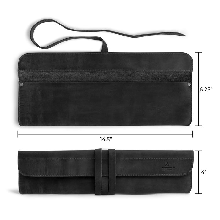 Product dimensions of Cast Leather Co. Single Leather Knife Case in black, clearly illustrating its functionality. As a valuable butcher rolls carrier, it combines artisan design with practicality, making it perfect for professional chefs and culinary students. Handcrafted from top-quality leather in La Antigua Guatemala.