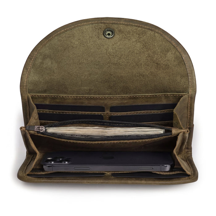 Open view of the olive green Single Snap Zippered Wallet by Hide & Drink, highlighting its functional layout. This Snap Clutch Wallet for Women is a versatile money holder and card organizer with a zippered pouch, made from premium full grain leather and artisan crafted in La Antigua Guatemala.