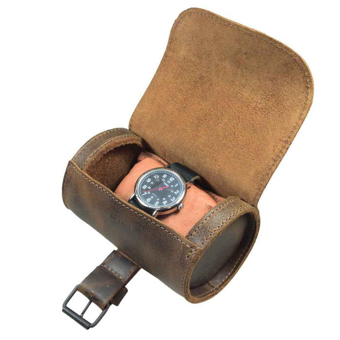 Inside view of Hide & Drink Single Watch Case, highlighting the luxurious plush cushion. This Cylinder Watch Case with Cushion serves as a perfect jewelry organizer and travel accessory, crafted from premium Full Grain Leather. Handmade in La Antigua Guatemala & Oaxaca Mexico, emphasizing artisan craftsmanship with hand cut and fire branded details.
