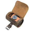 Inside view of Hide & Drink Single Watch Case, highlighting the luxurious plush cushion. This Cylinder Watch Case with Cushion serves as a perfect jewelry organizer and travel accessory, crafted from premium Full Grain Leather. Handmade in La Antigua Guatemala & Oaxaca Mexico, emphasizing artisan craftsmanship with hand cut and fire branded details.