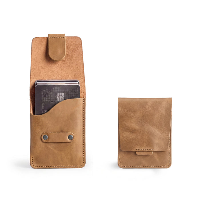 Hide & Drink Slim Card Holder in rich brown leather, featuring a vertical design for 4 cards and cash organization. This pocket wallet showcases artisan quality from La Antigua Guatemala, reflecting the small batch production ethos.