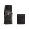 Hide & Drink Slim Card Holder in black full grain leather, a sleek vertical design ideal for organizing up to 4 cards plus cash. This artisan made pocket wallet from La Antigua Guatemala features hand cut, hand sewn quality and fire branded details.
