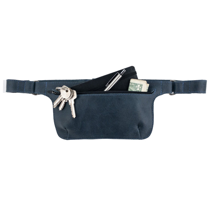 Slim Fanny Pack by Hide & Drink opened to show a smartphone and keys, emphasizing its utility as a rectangular fanny pack. This full grain leather accessory is handmade by artisans in La Antigua Guatemala.