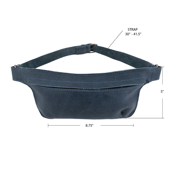 Slim Fanny Pack by Hide & Drink displaying an elegant blue finish with a visible zipper pocket, highlighting the artisanal craftsmanship. This narrow waist bag is made from full grain leather and suits small organizational needs, handmade in Oaxaca Mexico.
