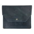 Side view of Hide & Drink's Slim Portfolio in blue, capturing its stylish profile. This handmade Flat Messenger Case is made from Full Grain Leather and functions as a Narrow Document Holder, designed by artisans in La Antigua Guatemala & Oaxaca Mexico.
