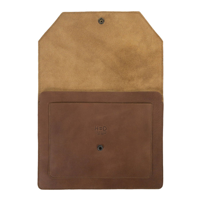 Back view of Hide & Drink's Slim Portfolio with dimensions visible, showcasing this handmade Flat Messenger Case's specifications. This Full Grain Leather Narrow Document Holder is perfect for office essentials, produced in La Antigua Guatemala & Oaxaca Mexico.