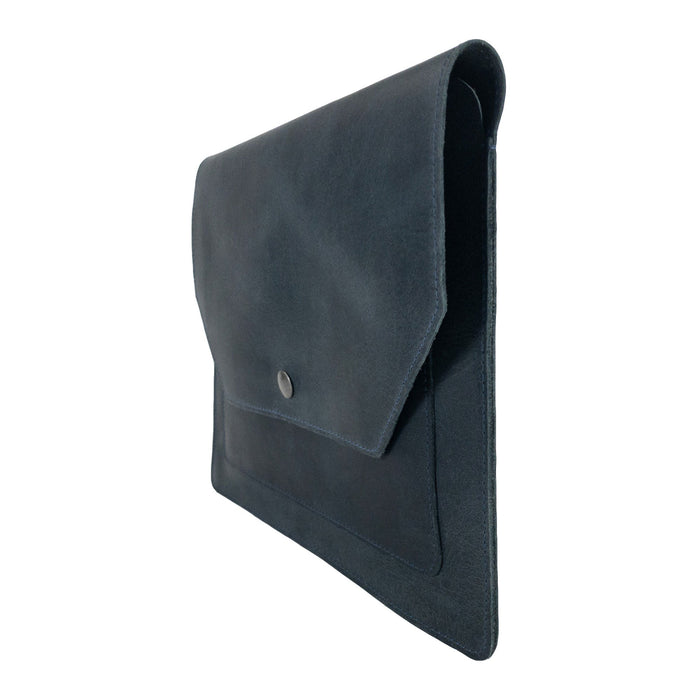 Hide & Drink's Slim Portfolio in blue described with dimensions, emphasizing its smart design as a handmade Flat Messenger Case. This Full Grain Leather Narrow Document Holder is a perfect office accessory made in La Antigua Guatemala & Oaxaca Mexico.