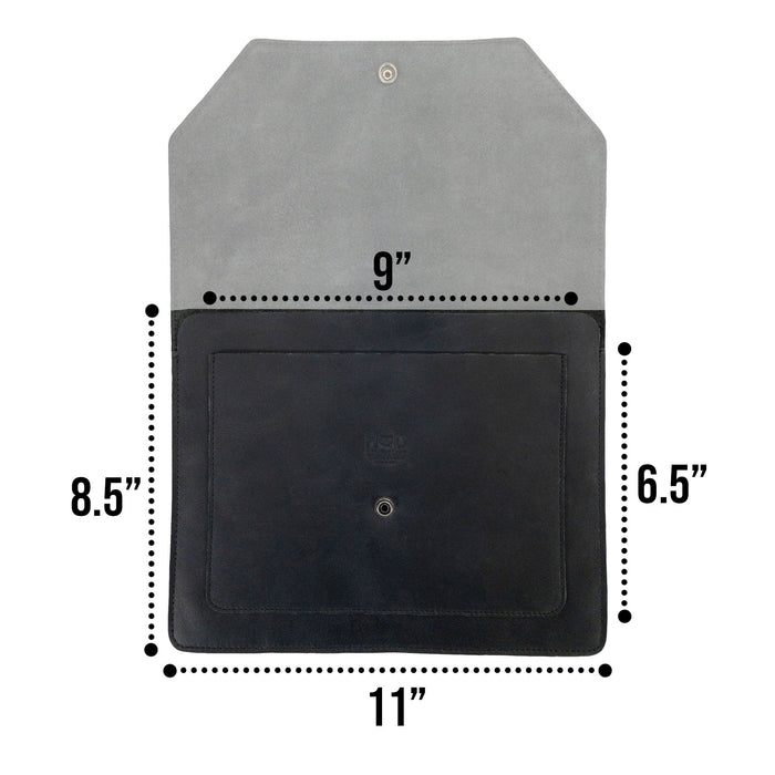Hide & Drink's Slim Portfolio in black displaying additional items, emphasizing its utility as a handmade Flat Messenger Case. This Full Grain Leather Narrow Document Holder is ideal for organizing your essential office accessories, made in La Antigua Guatemala & Oaxaca Mexico.
