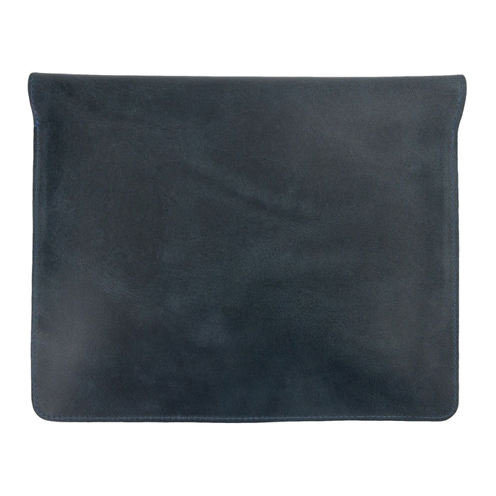 Interior view of Hide & Drink's Slim Portfolio in blue, showing its practical layout as a handmade Flat Messenger Case. This Full Grain Leather Narrow Document Holder is ideal for office use, crafted in La Antigua Guatemala & Oaxaca Mexico.